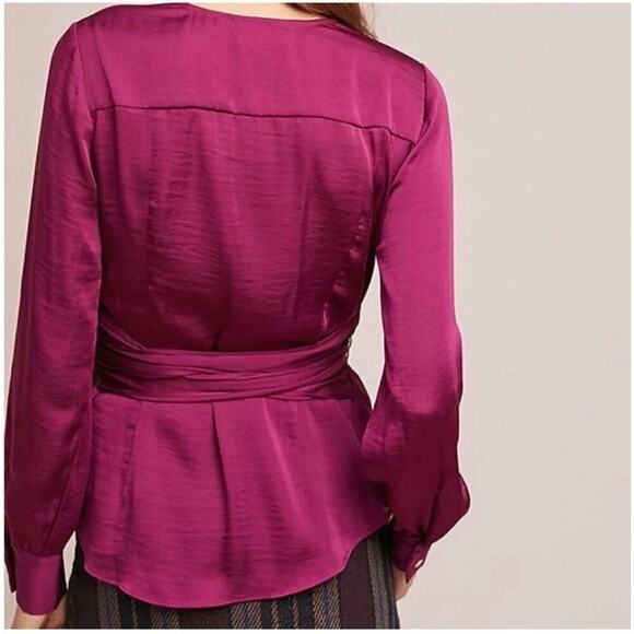 Anthropologie Moulinette Soeurs Burgundy Satin Wrap Blouse – Deep V Long Sleeve - Picture 2 of 14